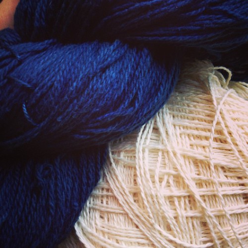 A better sense of the depth of the indigo. Next to the undyed yarn.