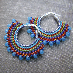 Pale Blue Teardrop Beaded Sterling Hoops with Purple, Green and Orange Accents