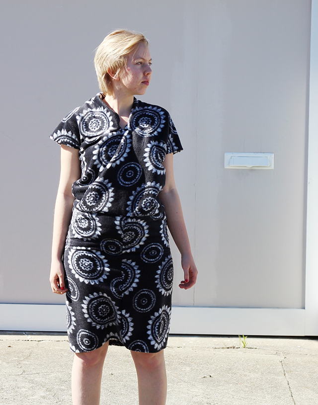 handmade fleece dress with black-and-white pattern