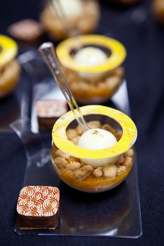 Apricot and white chocolate cremeux dessert and salted caramel bonbon by Chef Christope Feyt of Mandalay Bay, Las Vegas