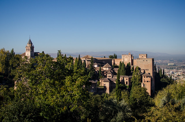 A view of the Nasrid Palace and Alcazaba Fortress from the Alhambra's Generalife Gardens.