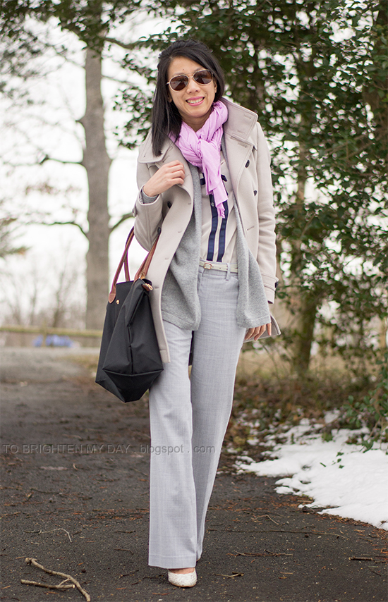 wool trench coat, lilac scarf, navy bow blouse, gray trousers