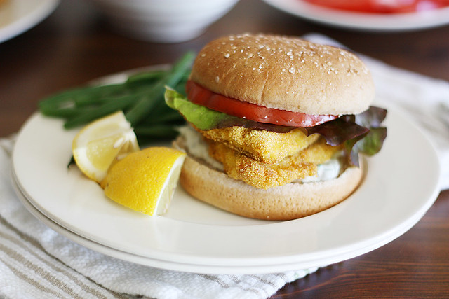 cornmeal-crusted catfish sandwiches with lemon-caper sauce