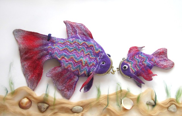 Felted purses - purple fish