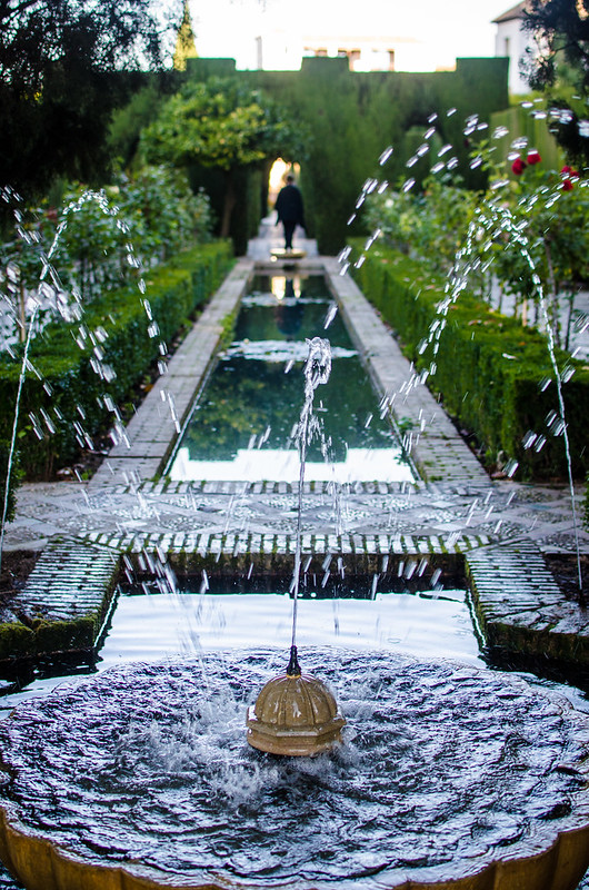 A water feature in the lower Generalife Gardens at Granada's Alhambra Palace.