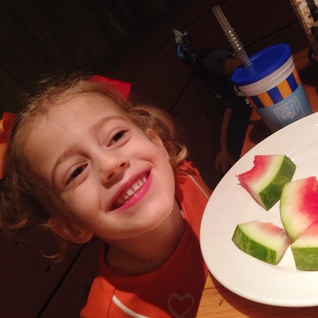 Someone is smilie this morning... And she just wanted watermelon for breakfast.