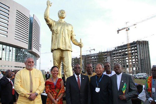 A statue of Ghanaian President Kwame Nkrumah in Addis Ababa, Ethiopia. The statue is surrounded by Ghanain leaders including Samia Nkrumah. by Pan-African News Wire File Photos