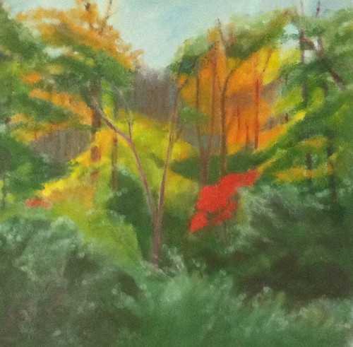 Red Leaves in the Woods (Oil Bar Painting as of June 5, 2013) by randubnick