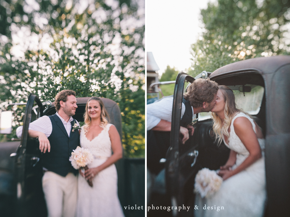 bridal portraits using lensbaby, bride & groom in abandoned truck