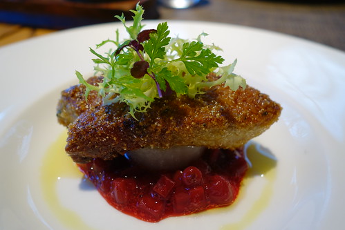 Osia's Polenta Crumbed Foie Gras on Daikon with Beetroot, Rhubarb & Riberry Compote