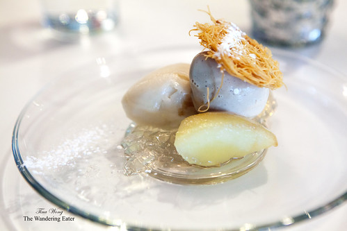 Amuse of earl grey tea ice cream, ginger sorbet, preserved pear and puff pastry disc