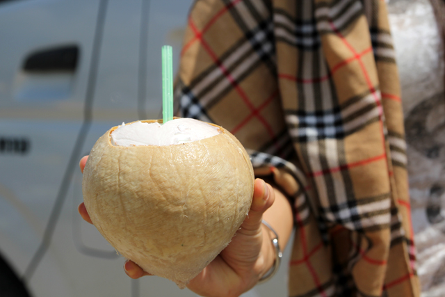 Refreshing myself with a fresh coconut