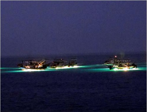 在北海岸近海作業的焚寄網（棒受網）漁船。圖片攝影：李坤瑄。