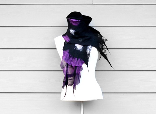 Nuno Felt Fashion Scarf Handmade Wool Silk Purple and Black