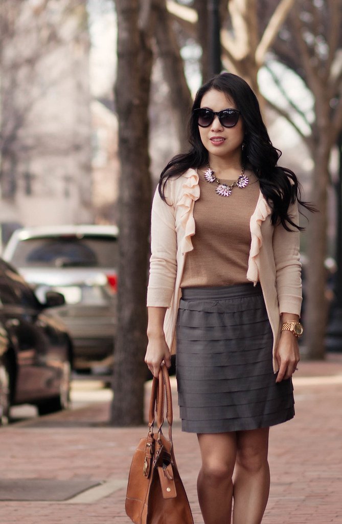 cute & little blog | neutrals with a modern twist outfit | peach ruffle cardigan, camel sweater, gray tiered skirt, chloe + isabel morningtide necklace