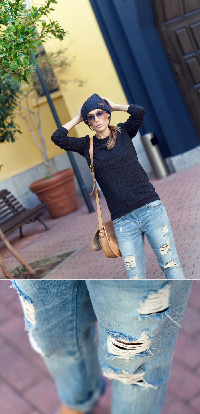 street style barbara crespo soft print cardigan beanie outfit fashion blogger