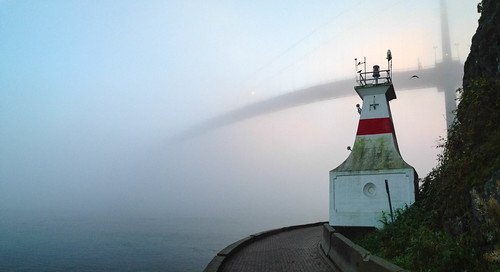 Prospect Point Lighthouse and Lion's Gate Bridge, foggy