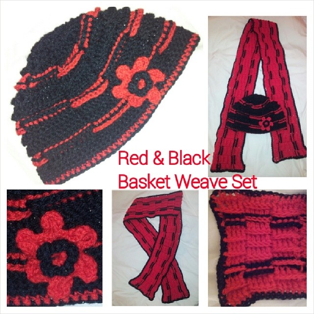Completed 2/2014 - Red and Black Basket Weave Crochet Hat and Scarf Set. #crochet #hat #scarf #handmade #handicraft #winter #craft