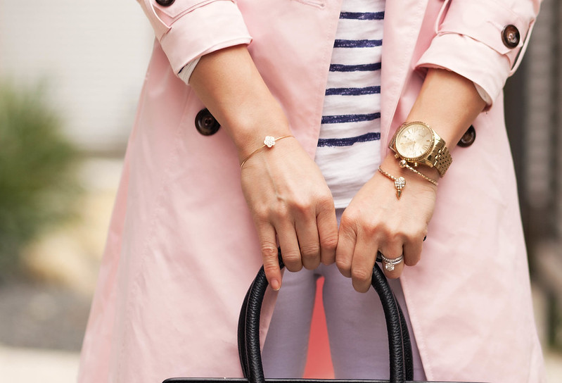 cute & little blog | petite fashion | pink trench springtime layering, navy breton stripes top, white jeans, statement necklace, celine outfit