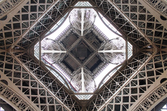 eiffel tower looking up from beneath