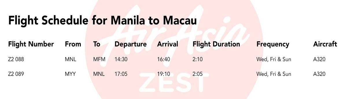 Flight Schedule (Manila to Macau)