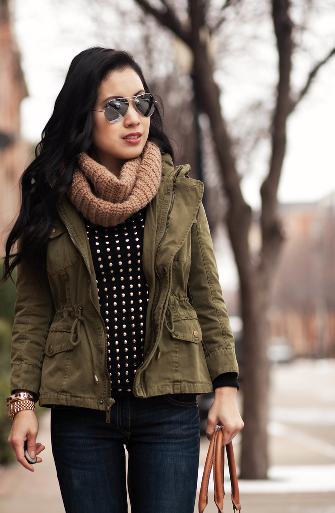 cute & little blog | fall winter layering outfit | tan cowl scarf, utility jacket, black gold studded sweater, rag bone skinny jeans, ankle boots, ray ban silver mirrored aviator sunglasses