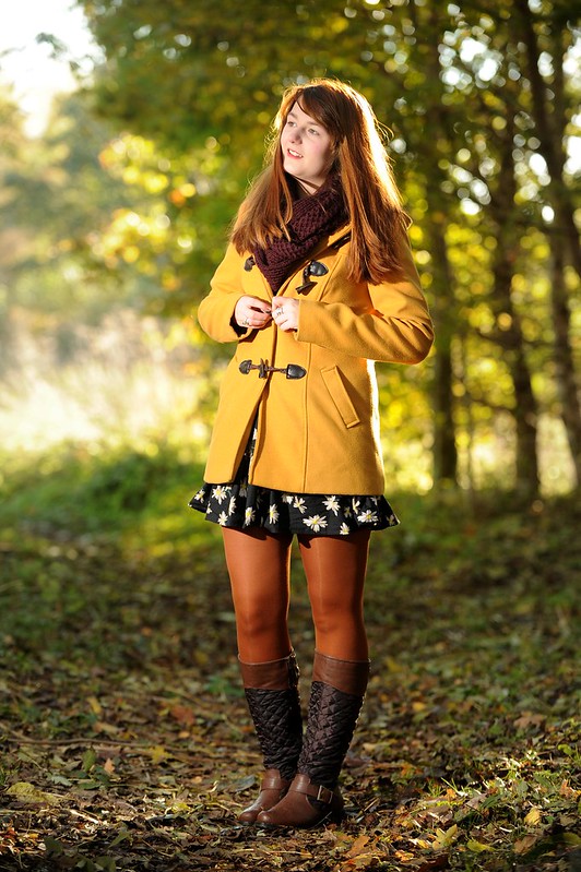 Mustard coat, floral dress, boots