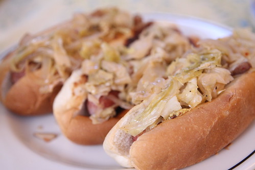 Smothered Cabbage Hot Dogs with Andouille