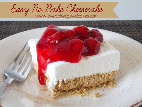 Easy No-Bake Cheesecake with red sauce and cherries on plate with fork.