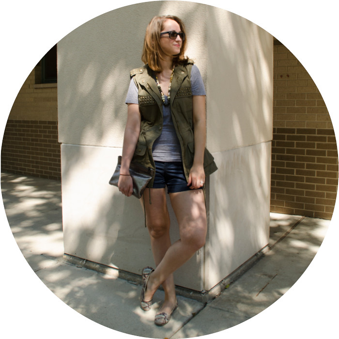 august outfit, vests with shorts, outfit blog, navy and green, forever21 studded vest, summer layers