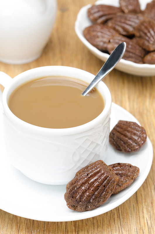   ,   ,  , ,  , chocolate madeleines cookies and coffee with milk
