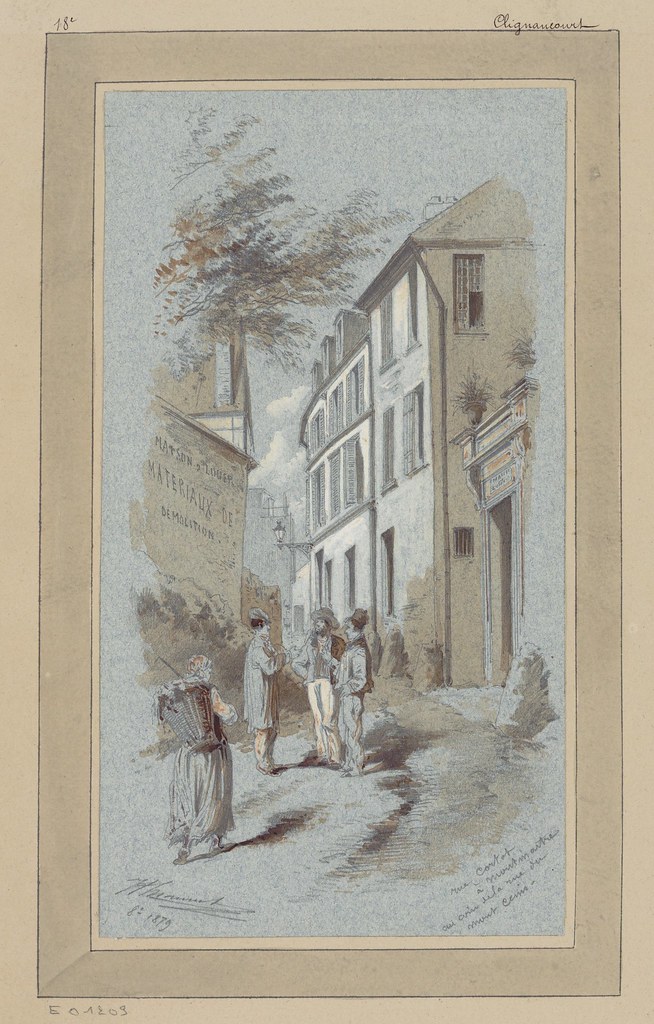 watercolour & pen sketch of street corner near Montmartre - 1800s Paris (18th arrondissement: Right Bank)