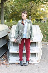 Fall layered outfit: Red corduroys, Jeffrey Campbell "Everly" ankle boots, sleeveless chambray shirt, lace-front sweatshirt, lace-embellished military jacket, cross-body Phillip Lim for Target bag