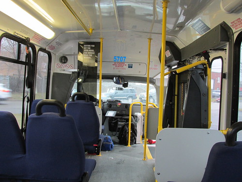 Forward seated interior view aboard First Transit small Ford paratransit mini bus # 5707.  Glenview Illinois.  Early December 2013. by Eddie from Chicago