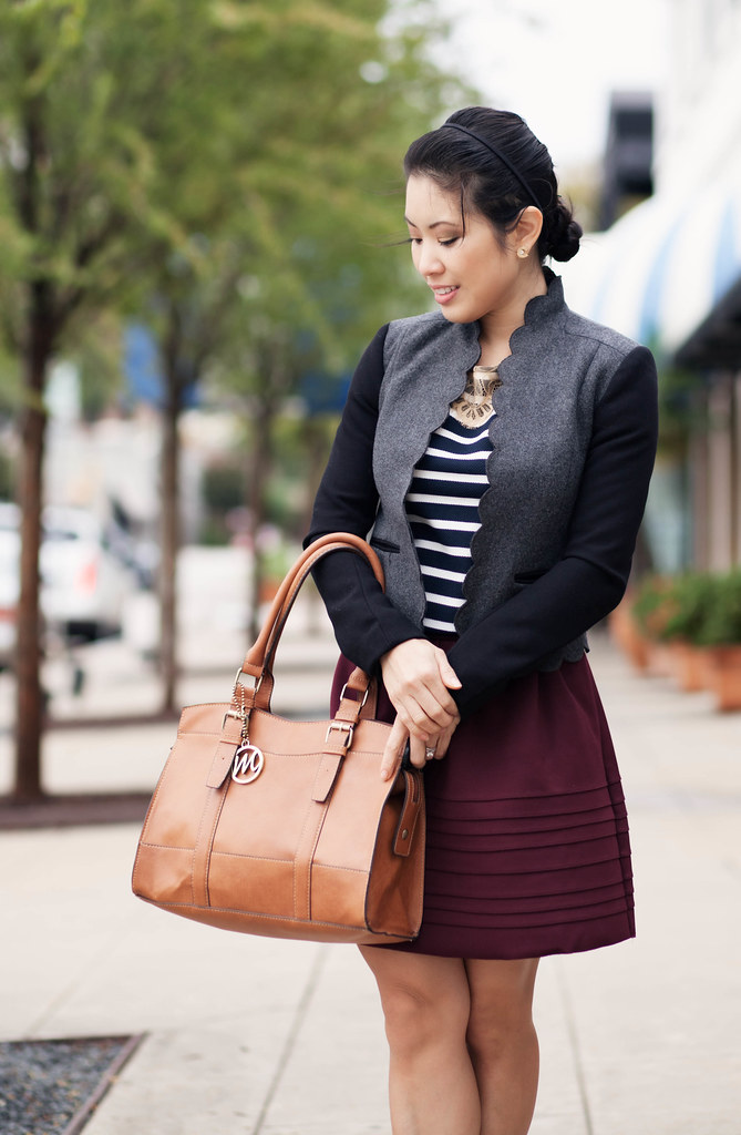 cute & little blog | mixing textures | scalloped wool jacket, striped lace shirt, burgundy full skirt, sole society elisa, emilie m jane satchel outfit #ootd, petite fashion