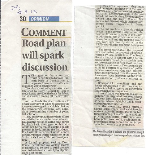 20th March 2013 Editorial supporting Cllr Enright's proposal for New Road around waste Ground owned by Council in Dunleath Park