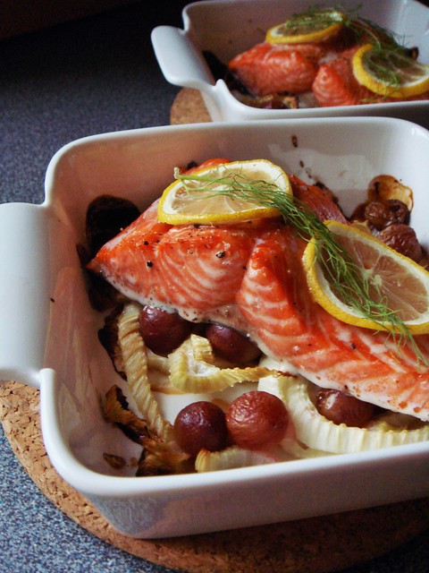Roasted Salmon and Grapes on Fennel