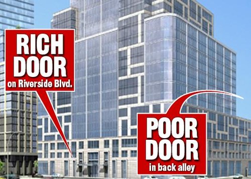 New York Post graphic of apartment building with separate entrance for affordable housing tenants