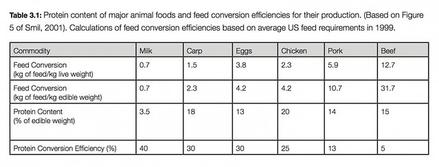 各種食物轉換食物變成蛋白質的效率比較表。圖片來源：Blue Frontiers, Managing the Environmental Costs of Aquaculture Report, p. 45