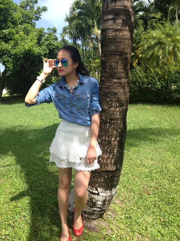 lace denim forever 21 asos blog fashion skinny latina shirt top skirt flats raybans meow red palm tree fall 2013 what to wear