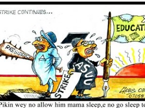 Cartoon depicting the labor strife in Nigerian higher education. The Academic Staff University Union (ASUU) are currently on strike during August 2013. by Pan-African News Wire File Photos