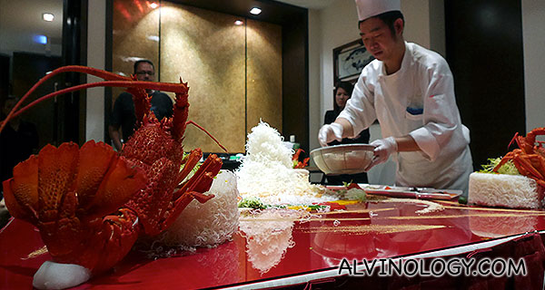 The chef preparing the yu sheng layout 