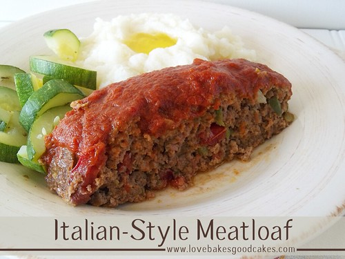 Italian-Style Meatloaf with mash potatoes and green vegetables on plate.