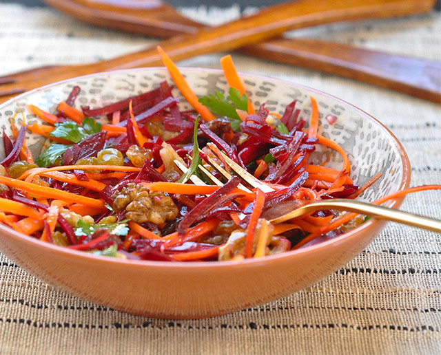 Carrot and Beet Slaw with Walnuts and Raisins