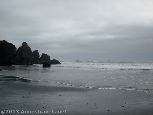 Hiking away from the main section of Ruby beach, we looked back at the rocks and sea stacks, Olympic National Park, Washington