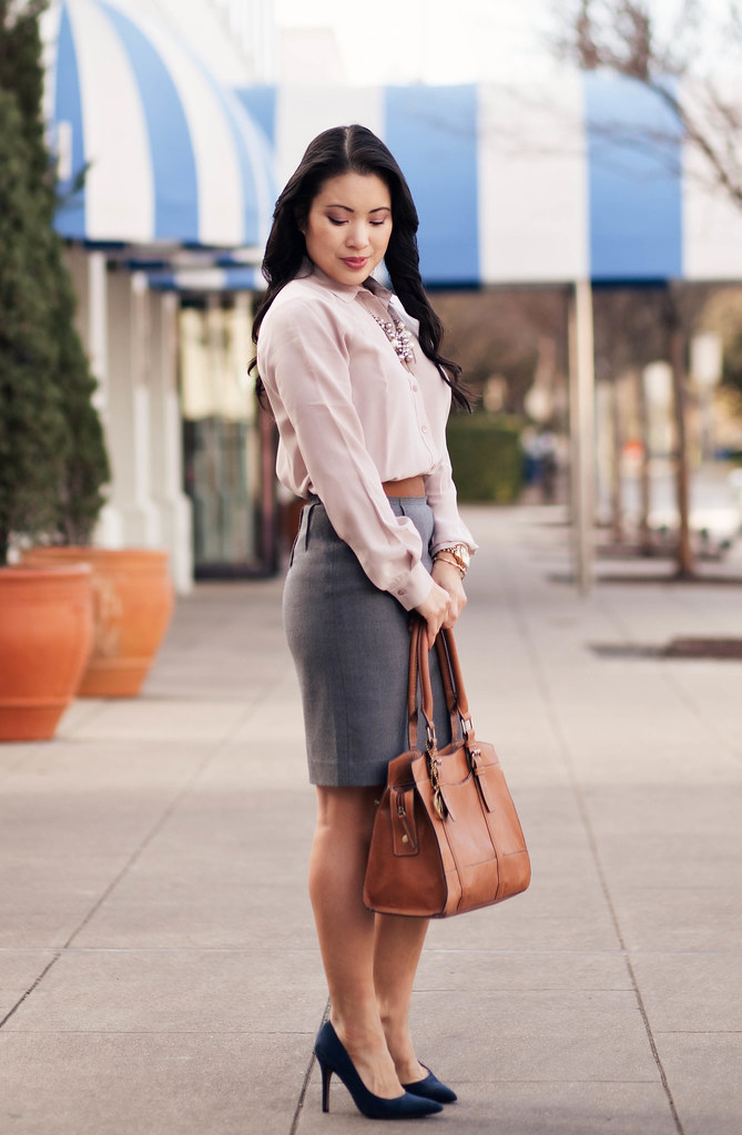 cute & little blog | everlane point collar silk blouse dusk, gray pencil skirt, navy suede pumps, pearl cluster statement necklace outfit