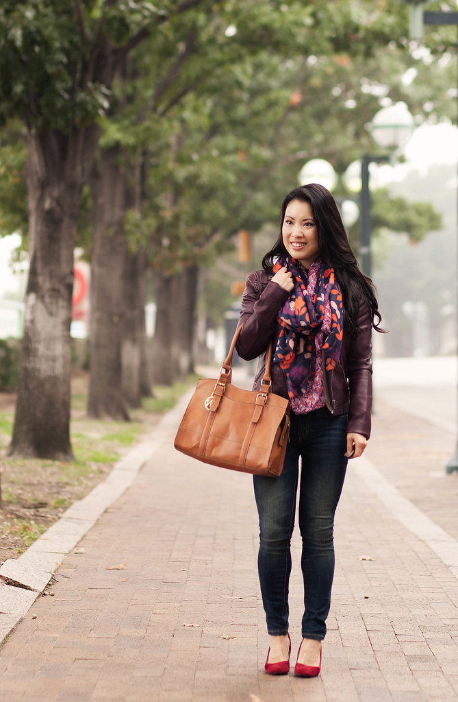 cute & little blog | merlot wine moto jacket, navy leaves scarf, red pumps outfit | fall layering