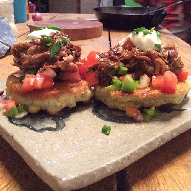 pulled pork, corn fritter stack w/ chunky salsa & home made sour cream.