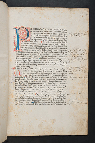 Penwork initial and manuscript annotations in Manfredis, Hieronymus de: Liber de homine [Italian]