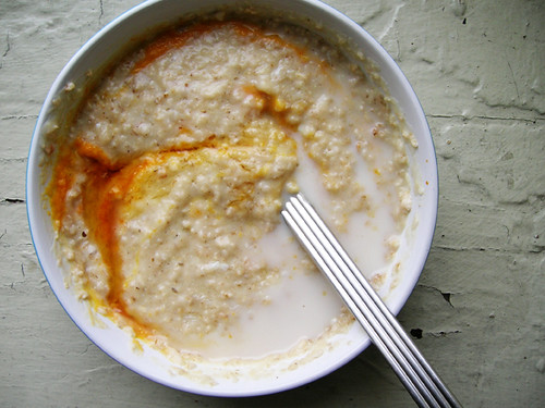oatmeal with egg and carrot puree, a little maple syrup and almond milk